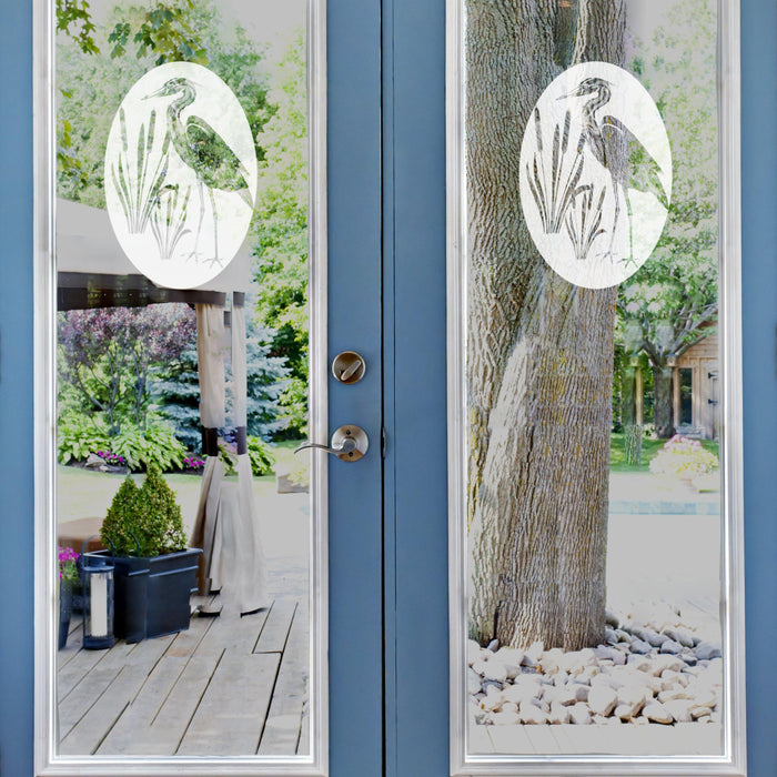 Oval Egret and Cattails Etched Glass Decal | (Static Cling) - Window Film World