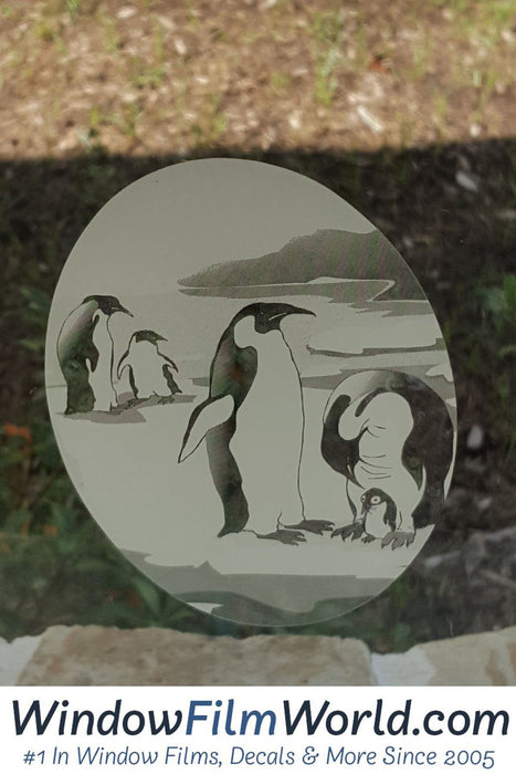 4" x 6" Oval Penguin Etched Glass Decal | (Static Cling) - Window Film World