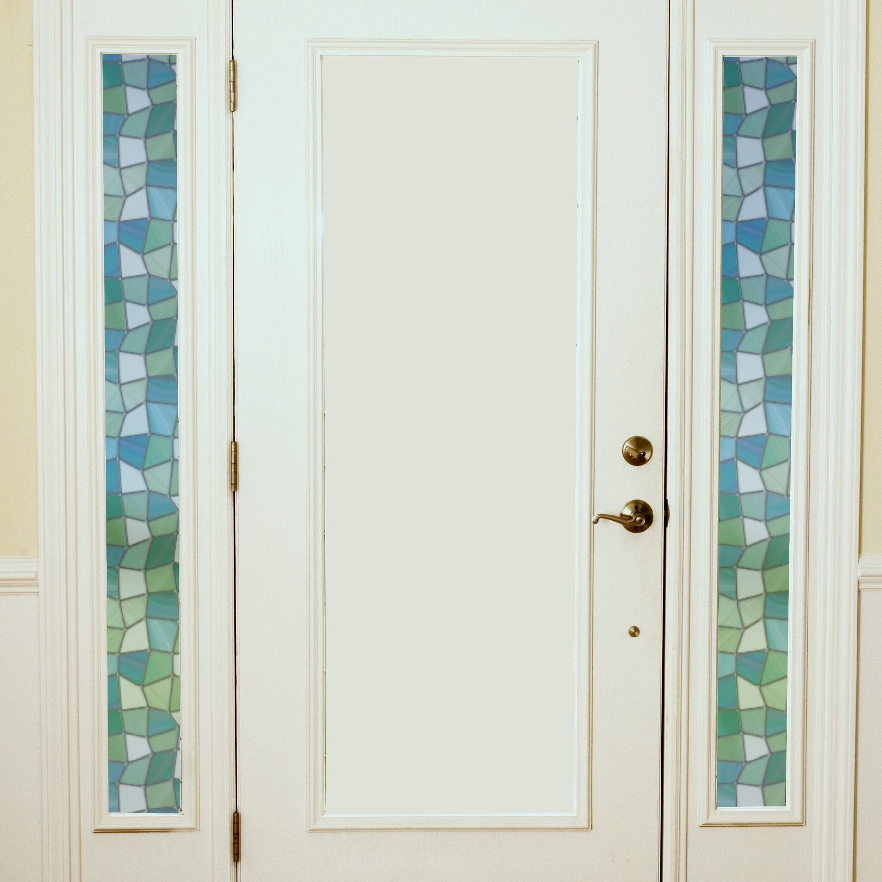 Atlantis stained glass privacy window film showing daytime and nighttime privacy differences