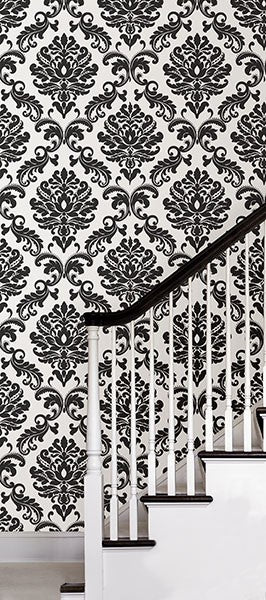 Ariel Black and White Damask Peel And Stick Wallpaper - Window Film World