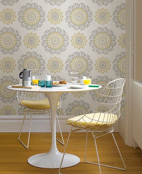 Grey and Yellow Suzani Peel And Stick Wallpaper