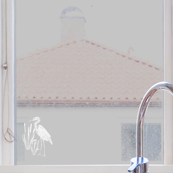 Oval Egret and Cattails Etched Glass Decal | (Static Cling) - Window Film World